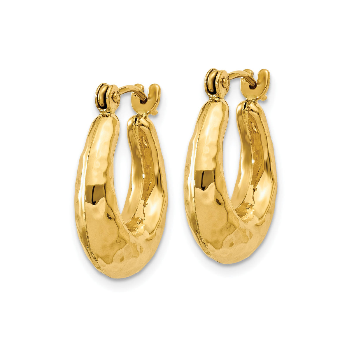 14k Yellow Gold Teardrop Hoop Earrings, Hammered Oval Design, Lightweight Statement Style