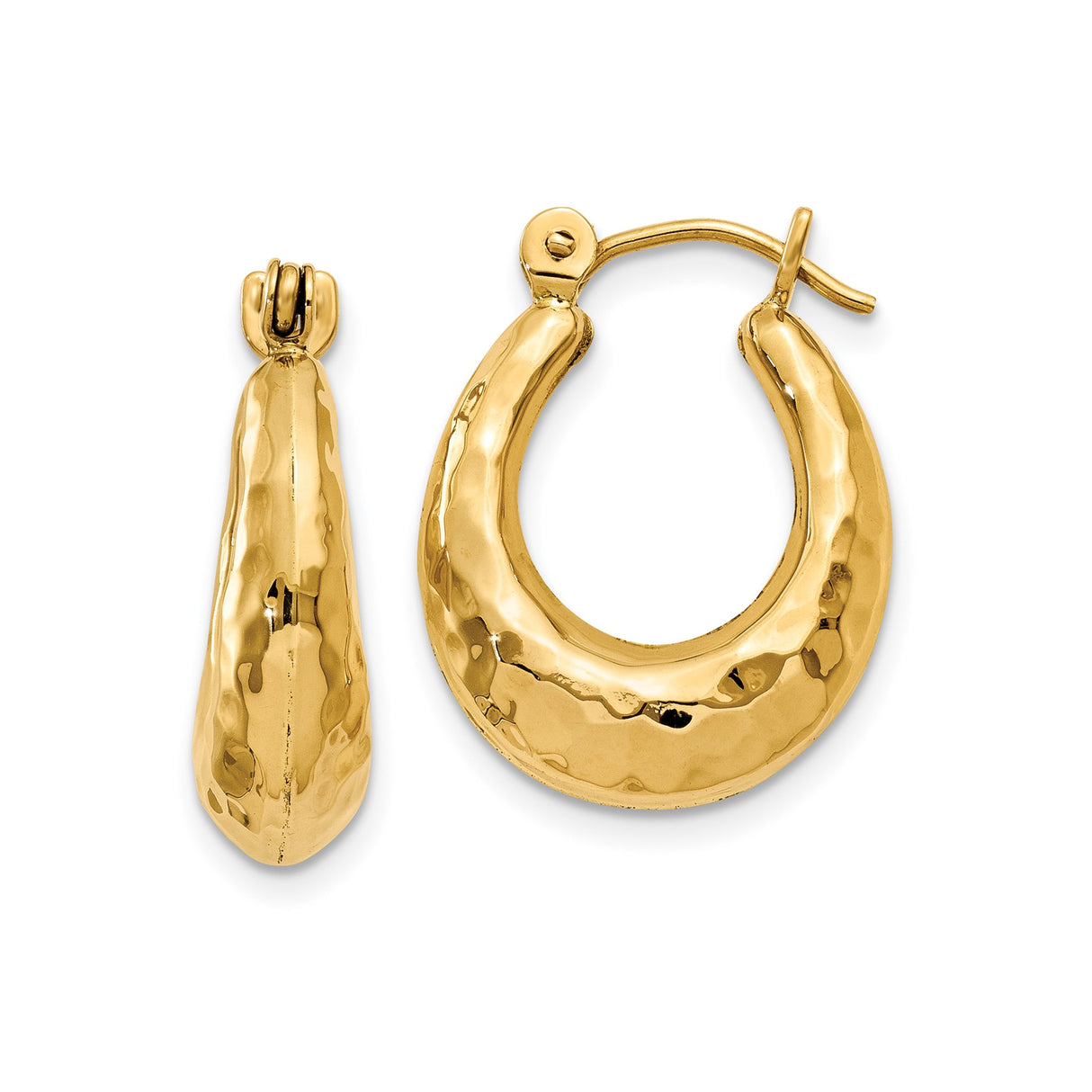 14k Yellow Gold Teardrop Hoop Earrings, Hammered Oval Design, Lightweight Statement Style