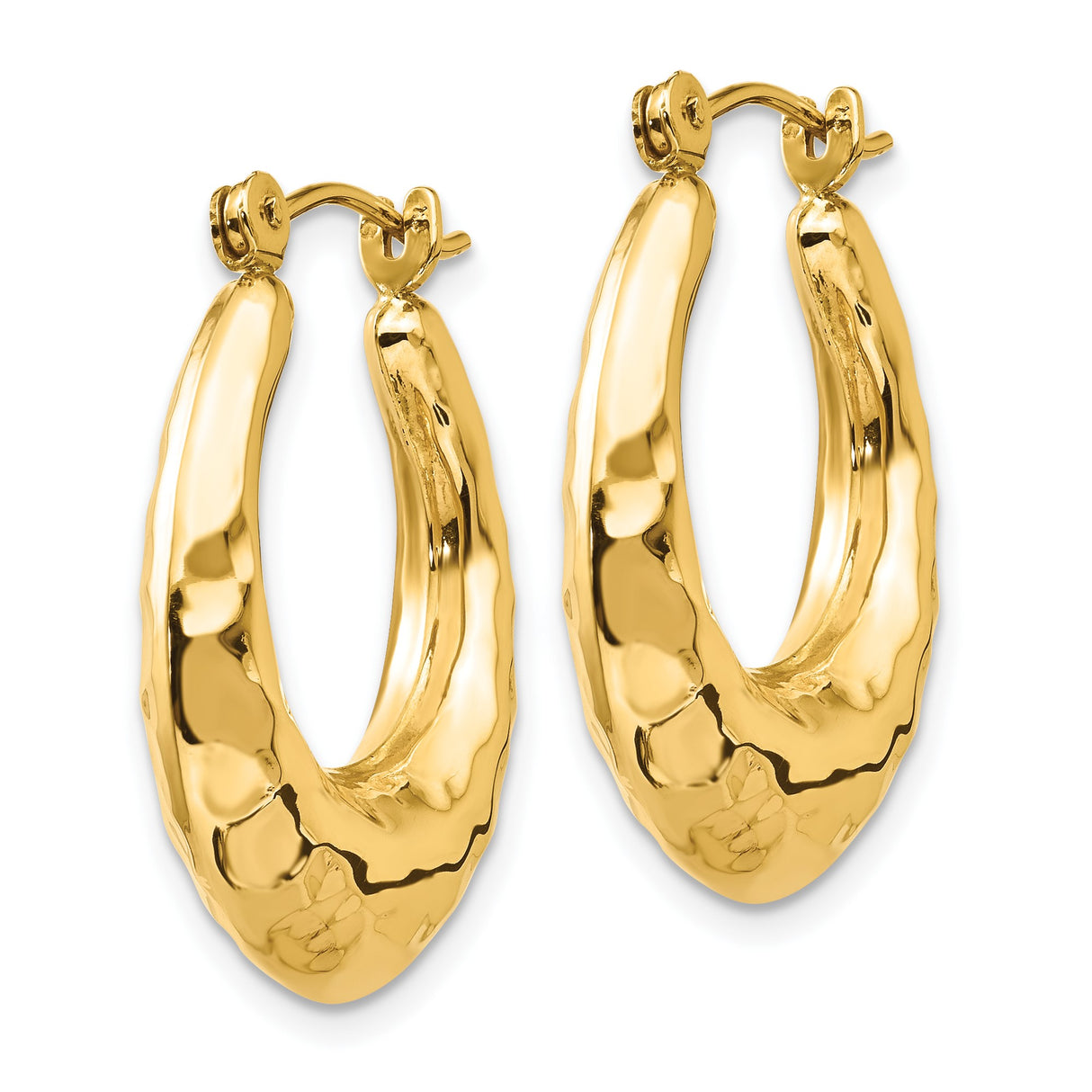 14k Yellow Gold Teardrop Hoop Earrings, Hammered Texture, High Polish, Lightweight Oval Design