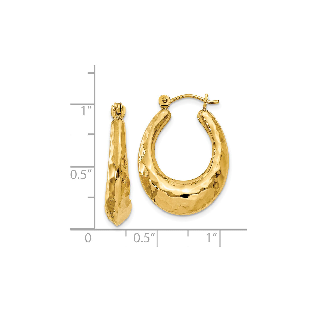 14k Yellow Gold Teardrop Hoop Earrings, Hammered Texture, High Polish, Lightweight Oval Design