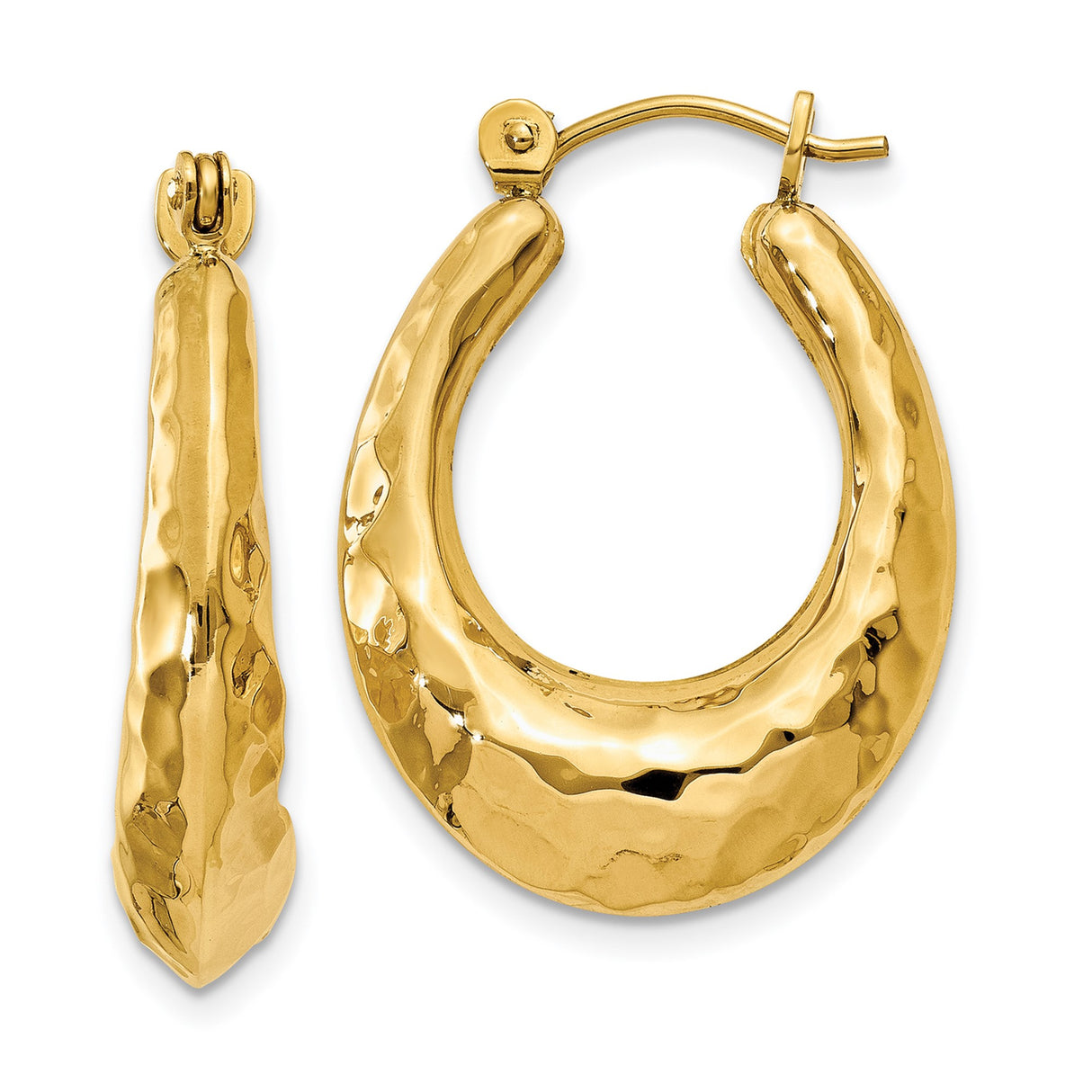 14k Yellow Gold Teardrop Hoop Earrings, Hammered Texture, High Polish, Lightweight Oval Design