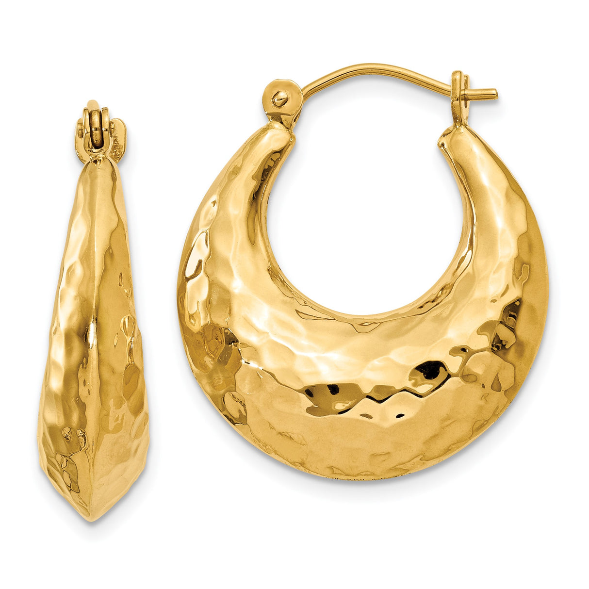 14k Yellow Gold Crescent Hoop Earrings with Hammered Textured Finish, Bold Puffed Style