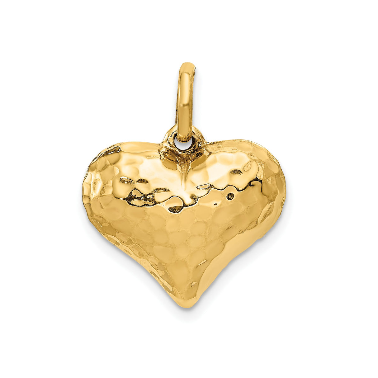 14k Yellow Gold Heart Pendant, Puffed Hammered Texture Charm, Symbol of Love for Women