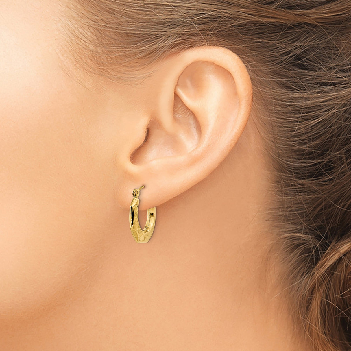 14k Yellow Gold Octagonal Hoop Earrings with Floral Design, Textured and Polished Finish