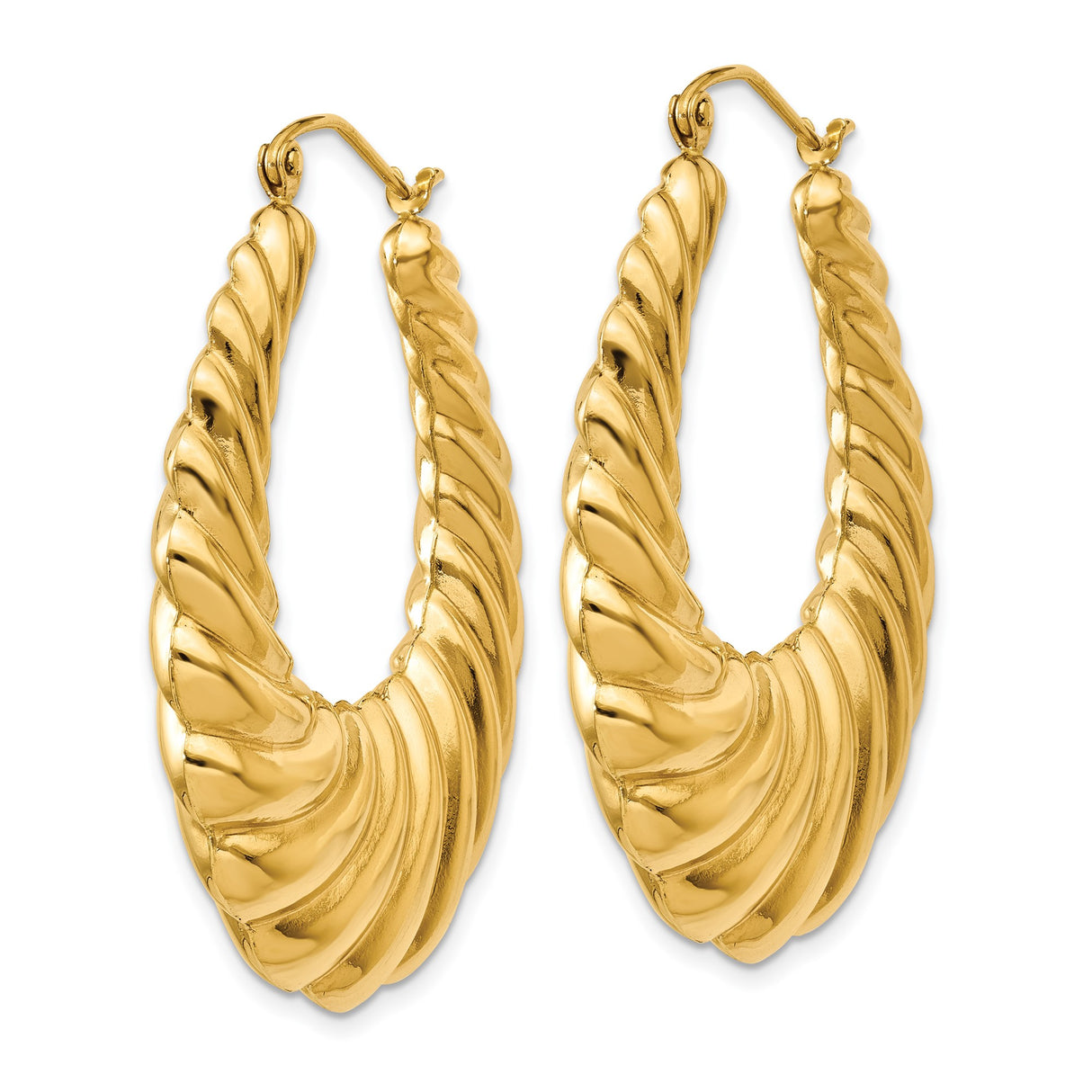 14k Yellow Gold Hoop Earrings, Twisted Ribbed Design, Medium Sculptural Style