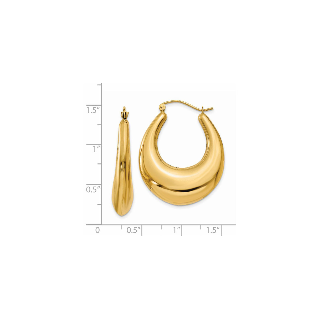 14k Yellow Gold Curved Teardrop Hoop Earrings, Bold Puffed Oval Design, Polished Finish