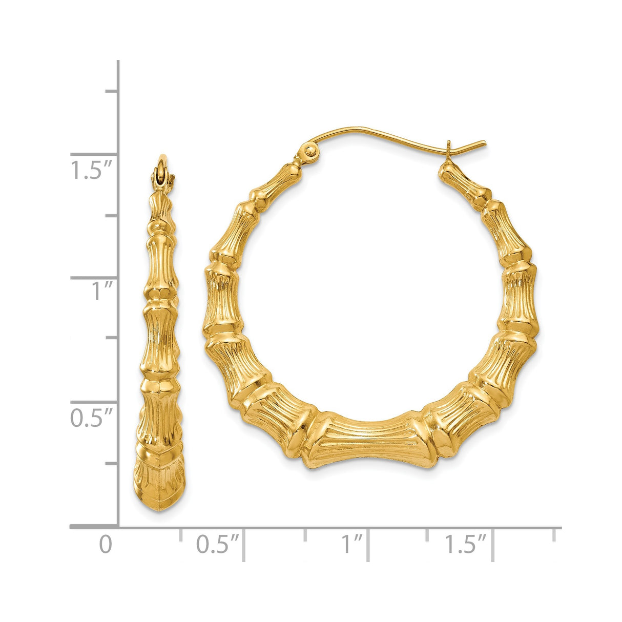 14k Yellow Gold Hoop Earrings, Bamboo Style Textured Bold Design, Hinged Closure for Women