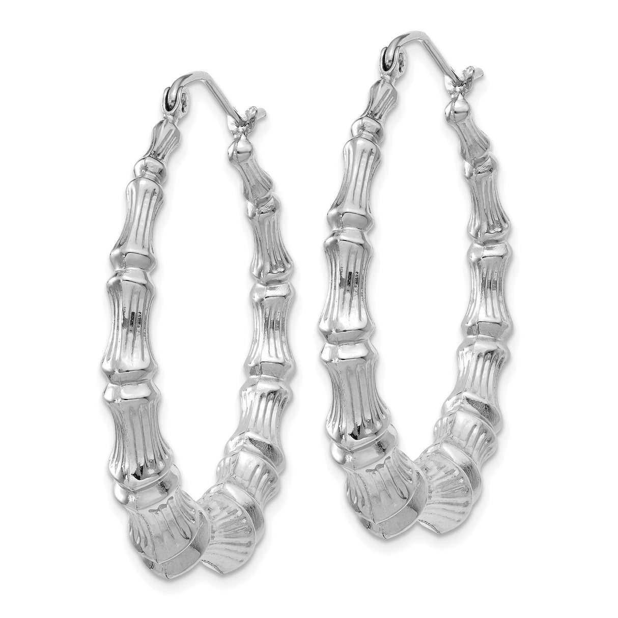 14k White Gold Hoop Earrings, Bamboo Style with Textured Segments and Polished Finish