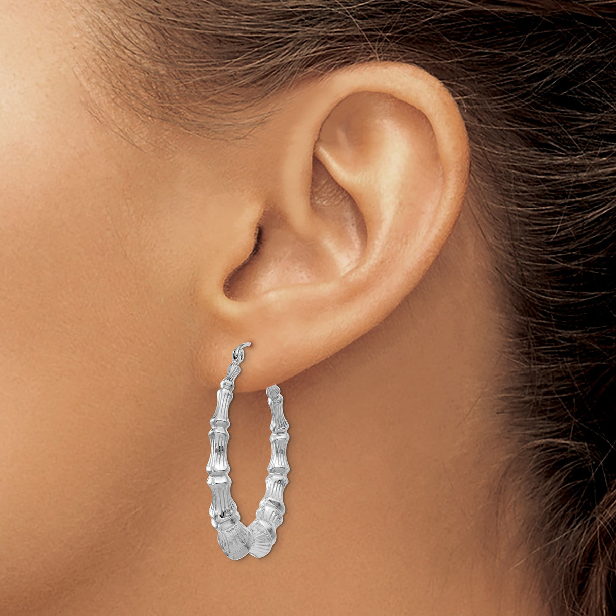 14k White Gold Hoop Earrings, Bamboo Style with Textured Segments and Polished Finish