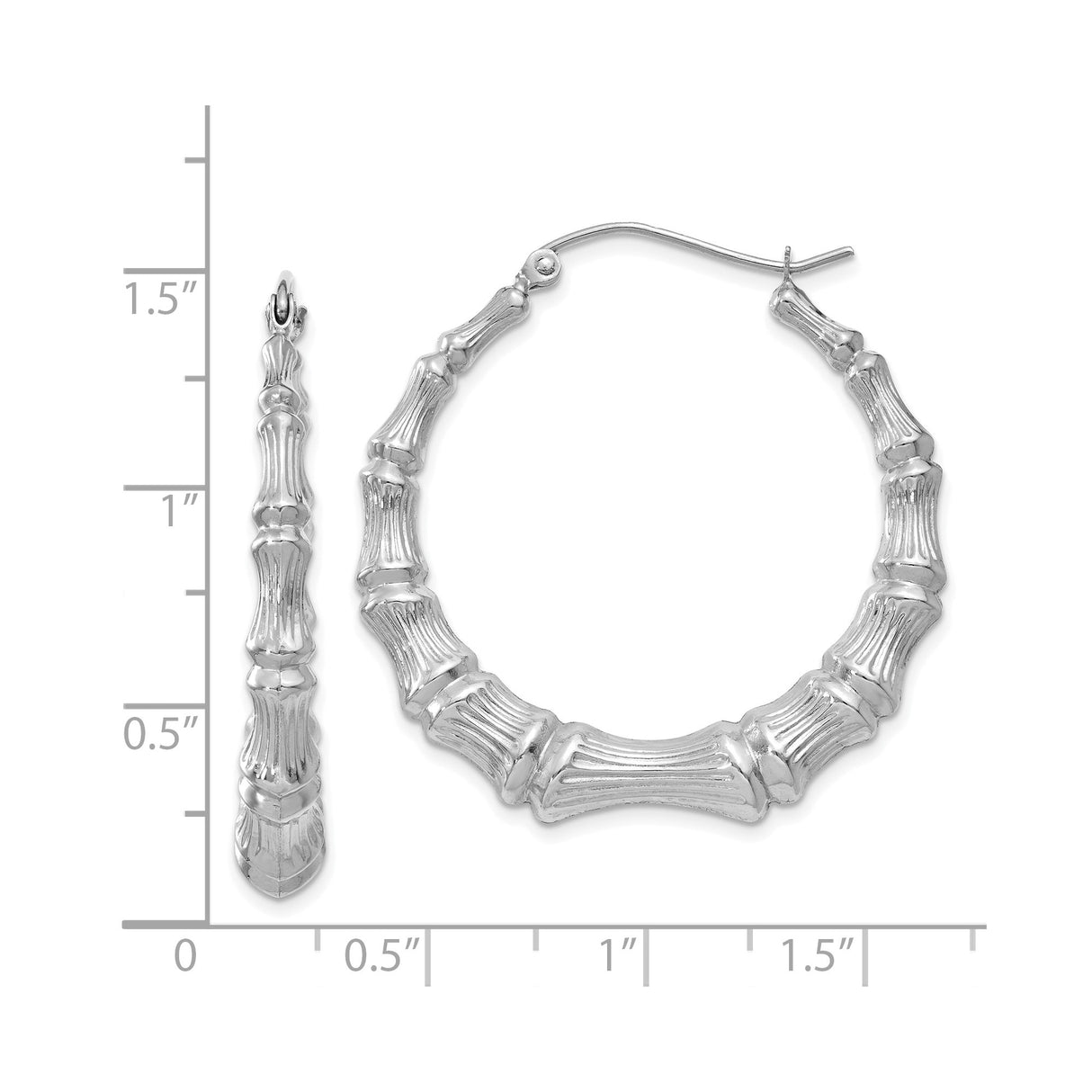 14k White Gold Hoop Earrings, Bamboo Style with Textured Segments and Polished Finish