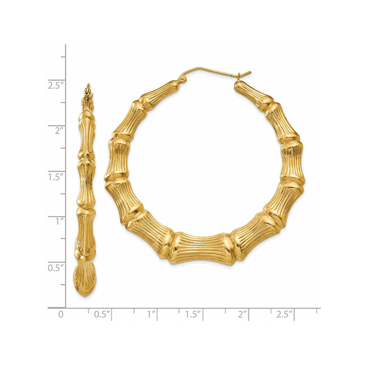 14k Yellow Gold Hoop Earrings with Bamboo Style and Textured Natural Finish