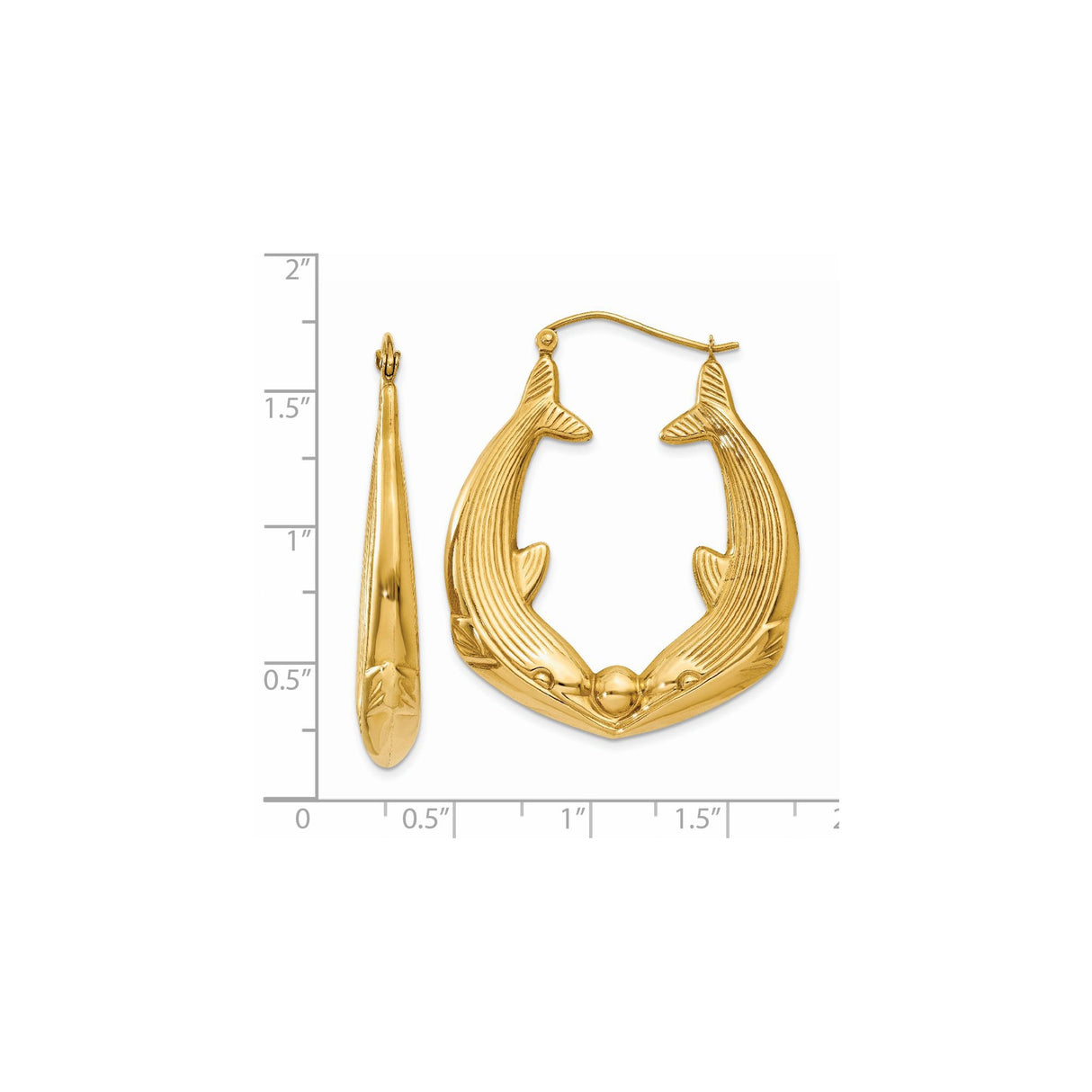14k Yellow Gold Hoop Earrings with Double Dolphin Design, Polished and Textured Marine Theme