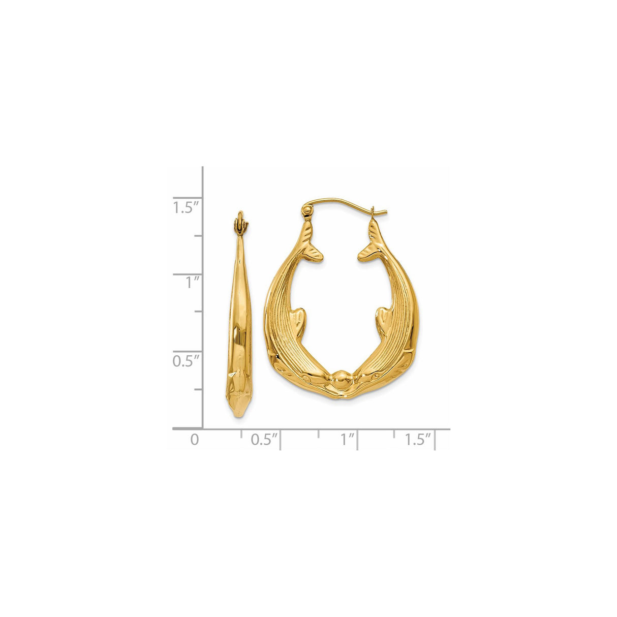 14k Yellow Gold Dolphin Hoop Earrings, Oval Shape with Textured Marine Motif