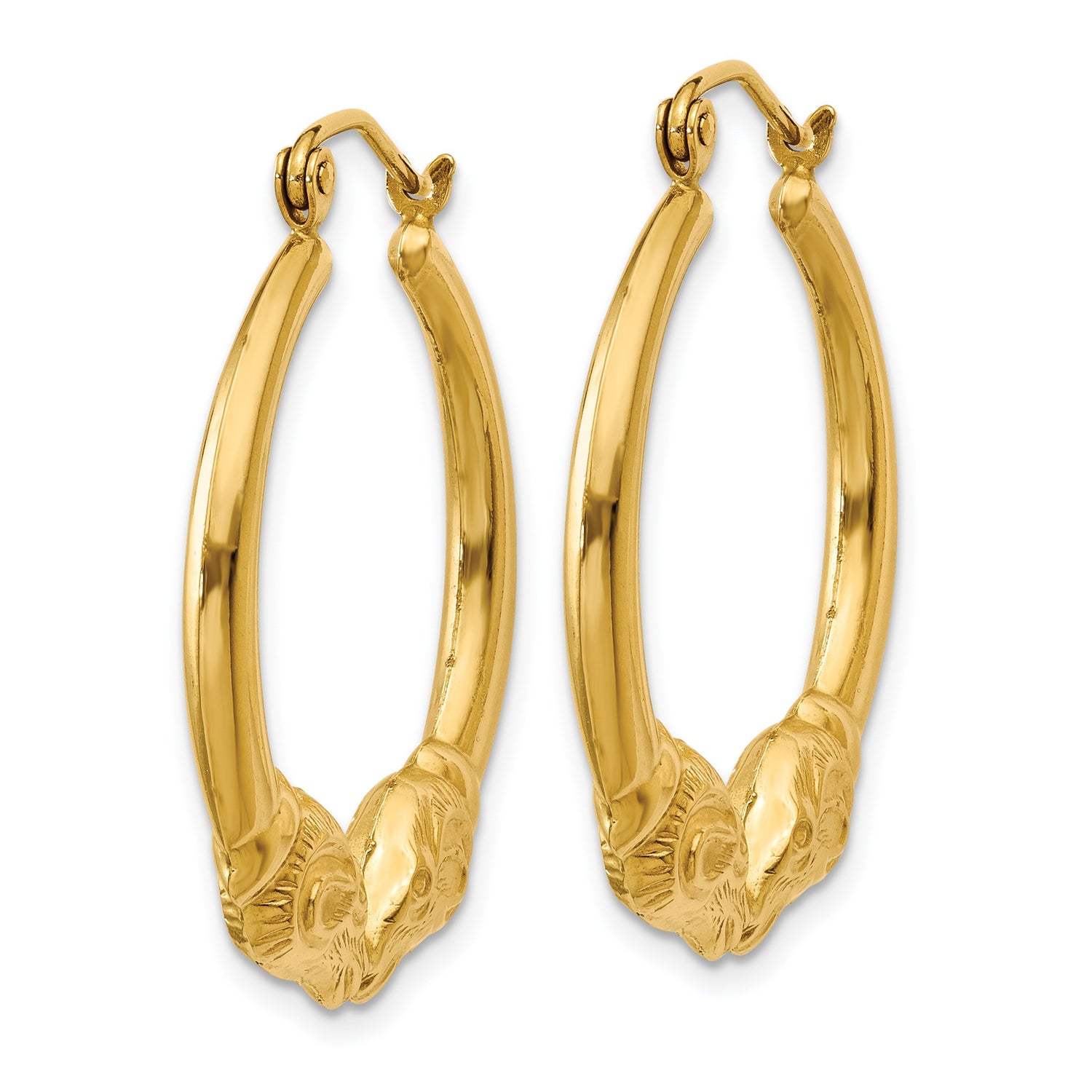 14k Yellow Gold Hoop Earrings with Ram Head Ends, Aries Symbol Zodiac Jewelry for Women