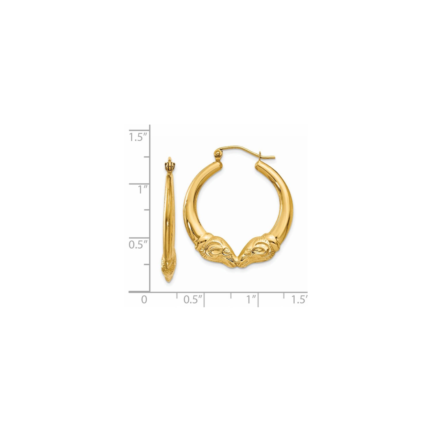 14k Yellow Gold Hoop Earrings with Ram Head Ends, Aries Symbol Zodiac Jewelry for Women