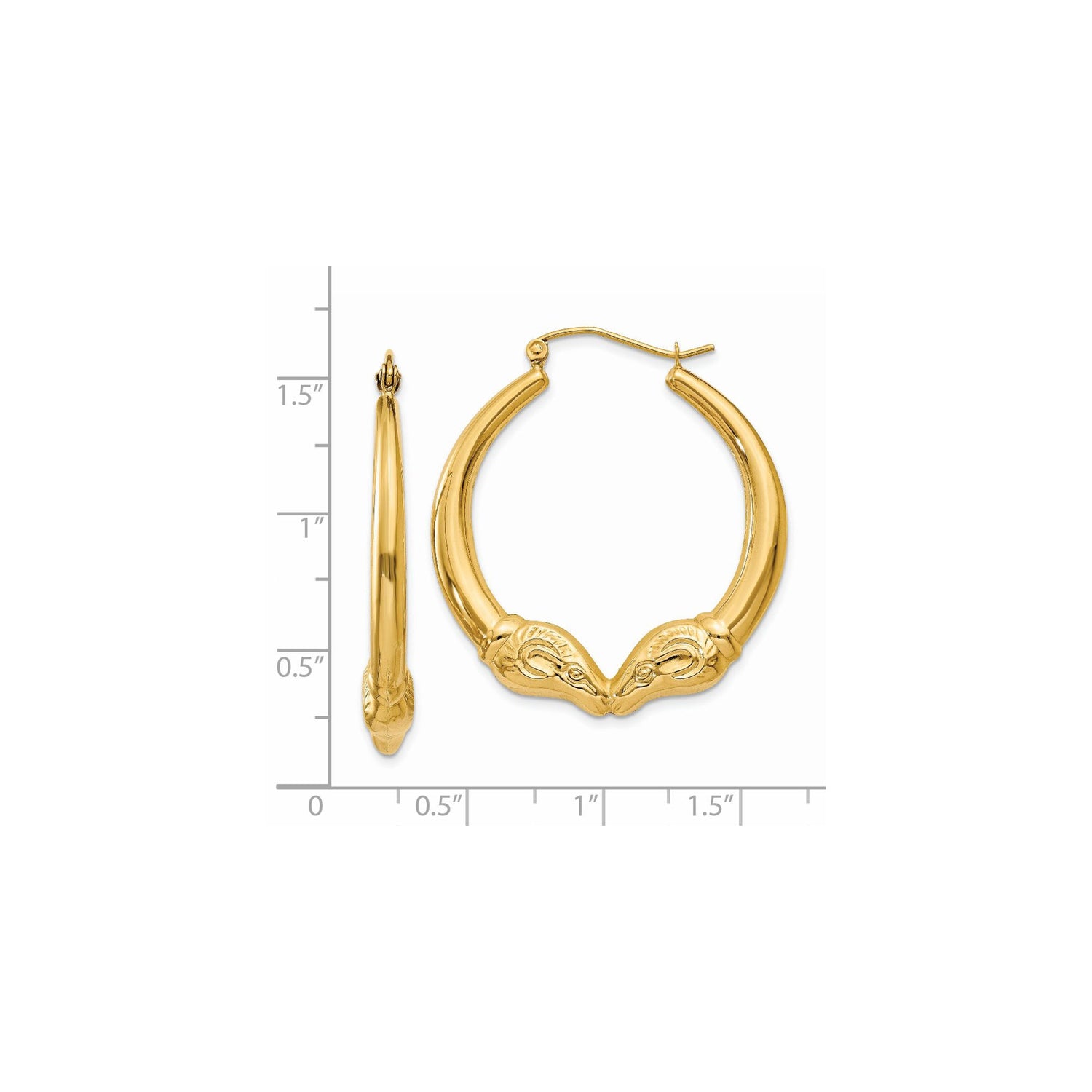 14k Yellow Gold Hoop Earrings with Ram Head, Aries Zodiac Animal Motif for Women