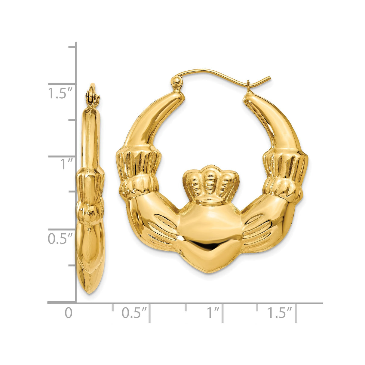 14k Yellow Gold Claddagh Hoop Earrings, Traditional Irish Heart Crown Hands Design for Women