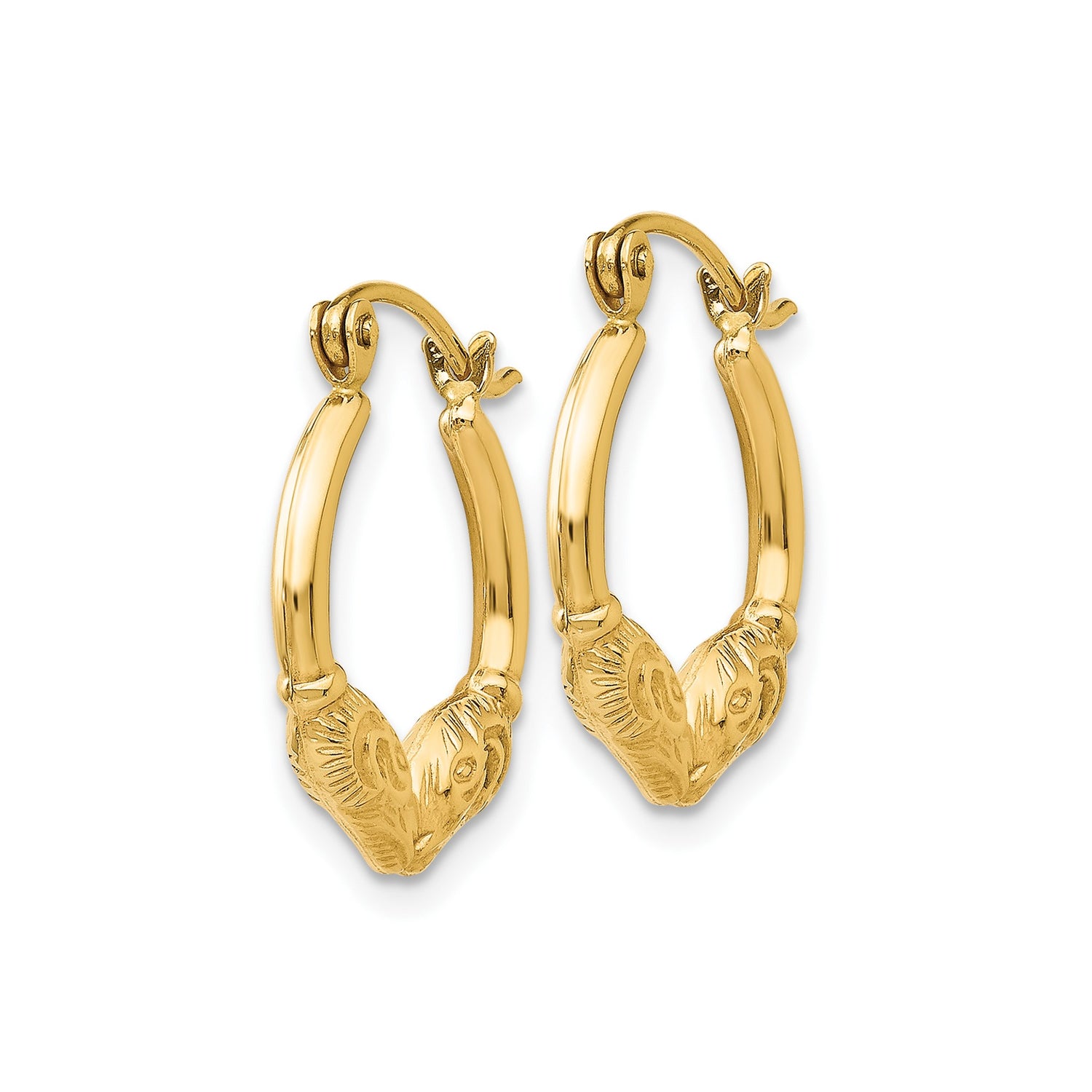 14k Yellow Gold Hoop Earrings with Ram Head Design, Aries Zodiac Animal Motif for Women