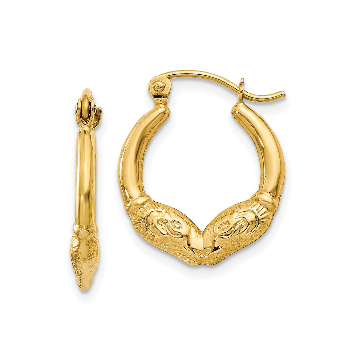 14k Yellow Gold Hoop Earrings with Ram Head Design, Aries Zodiac Animal Motif for Women