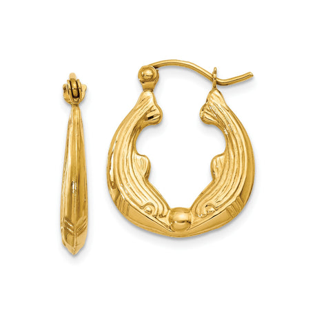 14k Yellow Gold Hoop Earrings with Sculpted Feather Motif, Vintage Textured Design