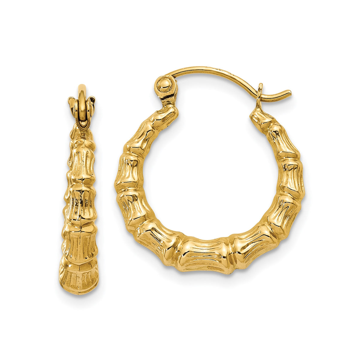 14k Yellow Gold Hoop Earrings, Bamboo Style Textured Design, Lightweight Statement Jewelry for Women