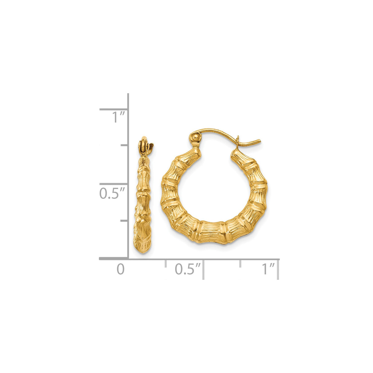 14k Yellow Gold Hoop Earrings, Textured Bamboo Design, Organic Style for Women