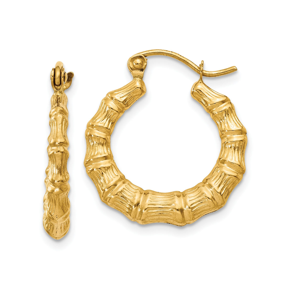 14k Yellow Gold Hoop Earrings, Textured Bamboo Design, Organic Style for Women
