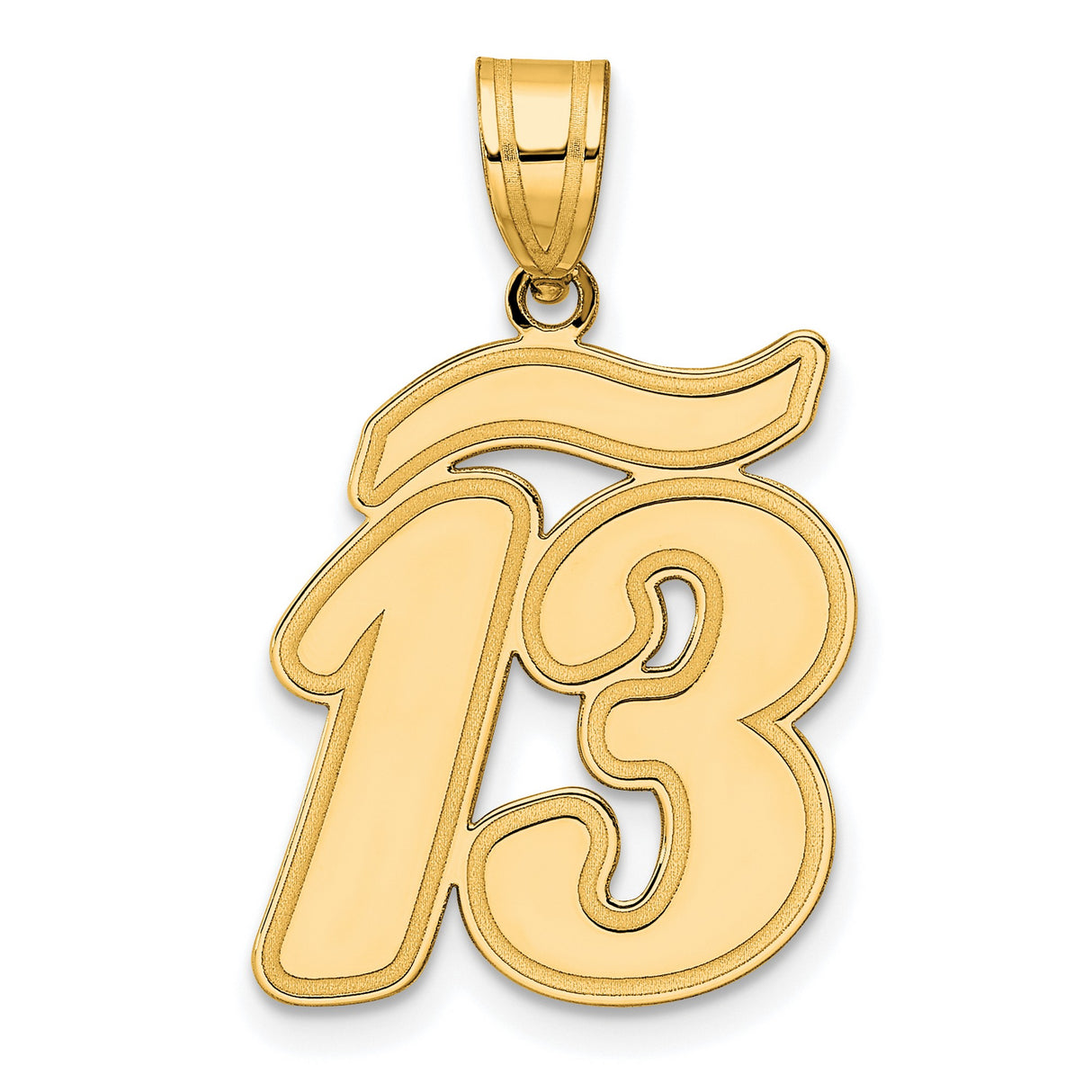 Brushed Border Script Number 13 Charm Pendant in Real 14k Yellow Gold