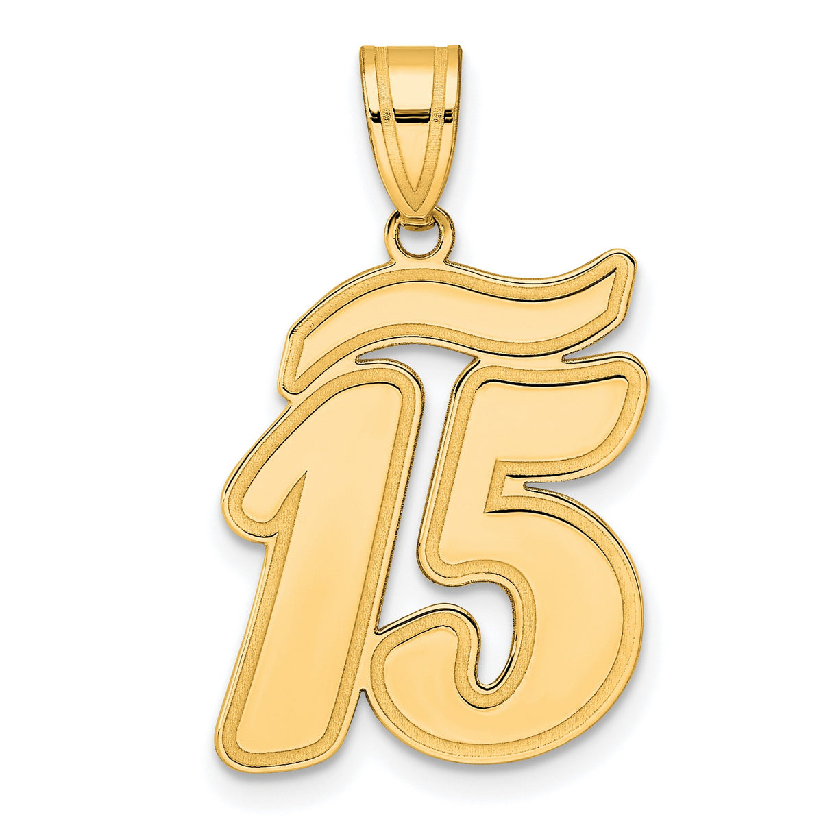 Brushed Border Script Number 15 Charm Pendant in Real 14k Yellow Gold