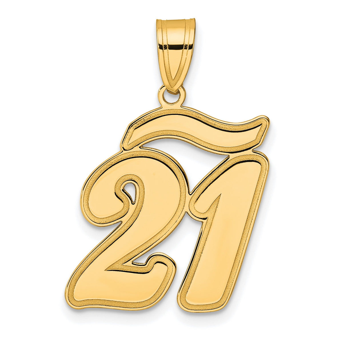 Brushed Border Script Number 21 Charm Pendant in Real 14k Yellow Gold