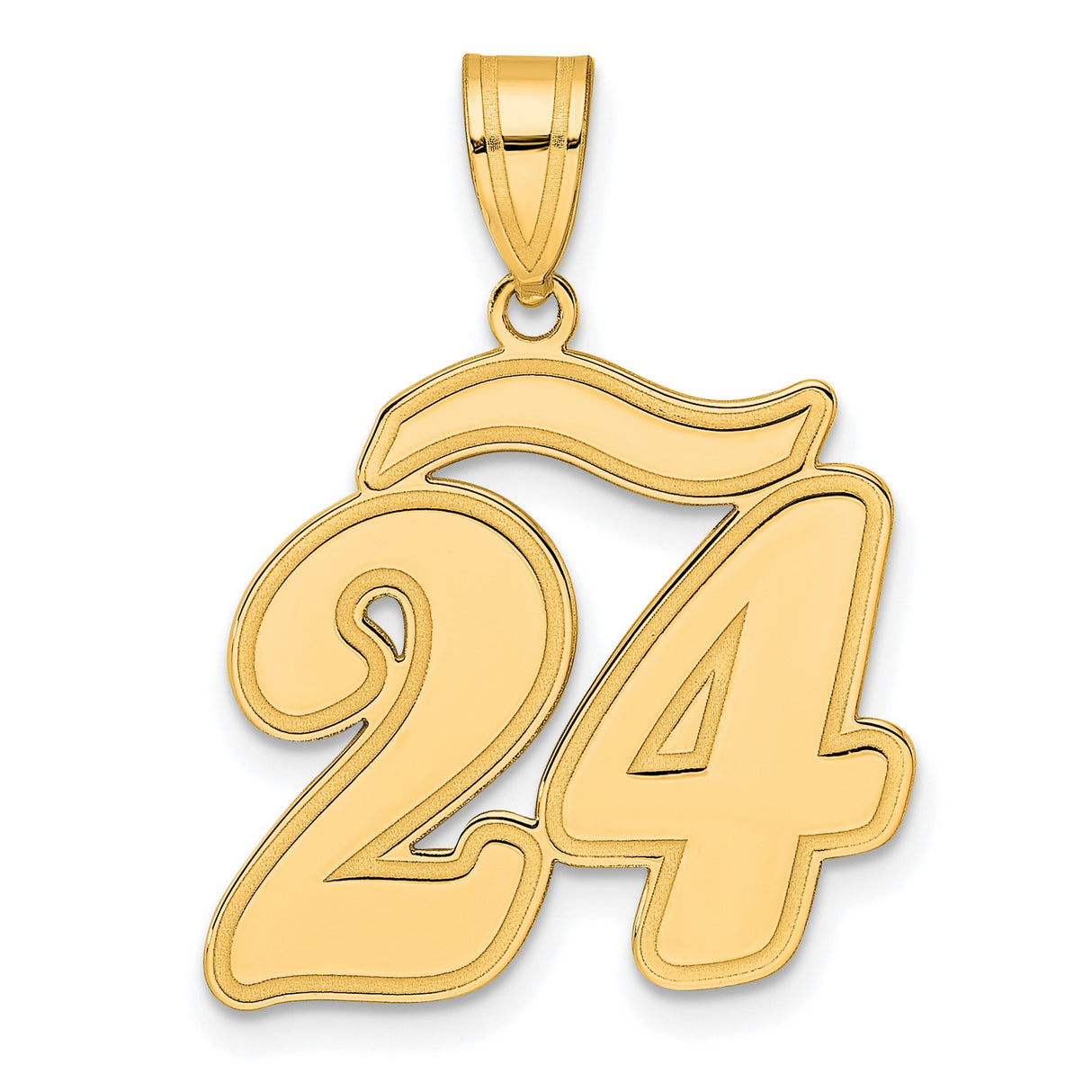 Brushed Border Script Number 24 Charm Pendant in Real 14k Yellow Gold