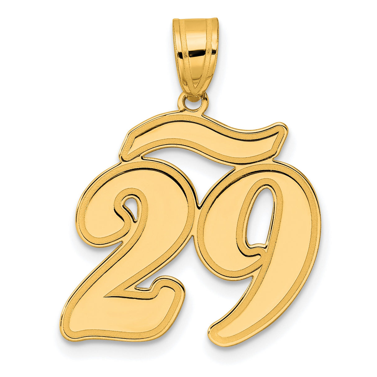 Brushed Border Script Number 29 Charm Pendant in Real 14k Yellow Gold