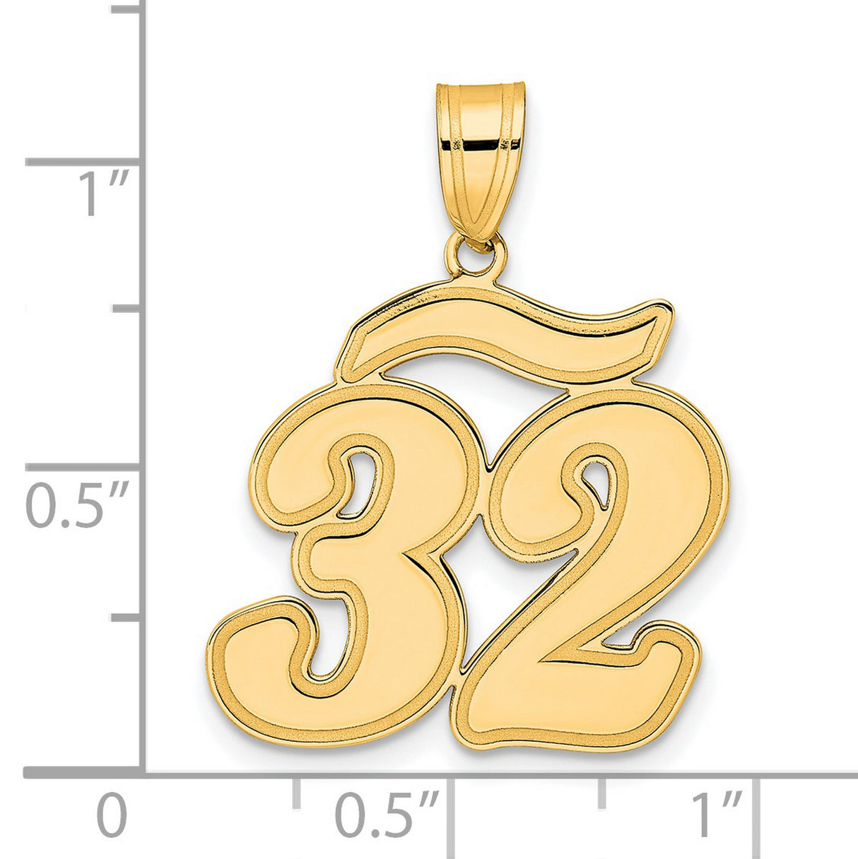 Brushed Border Script Number 32 Charm Pendant in Real 14k Yellow Gold