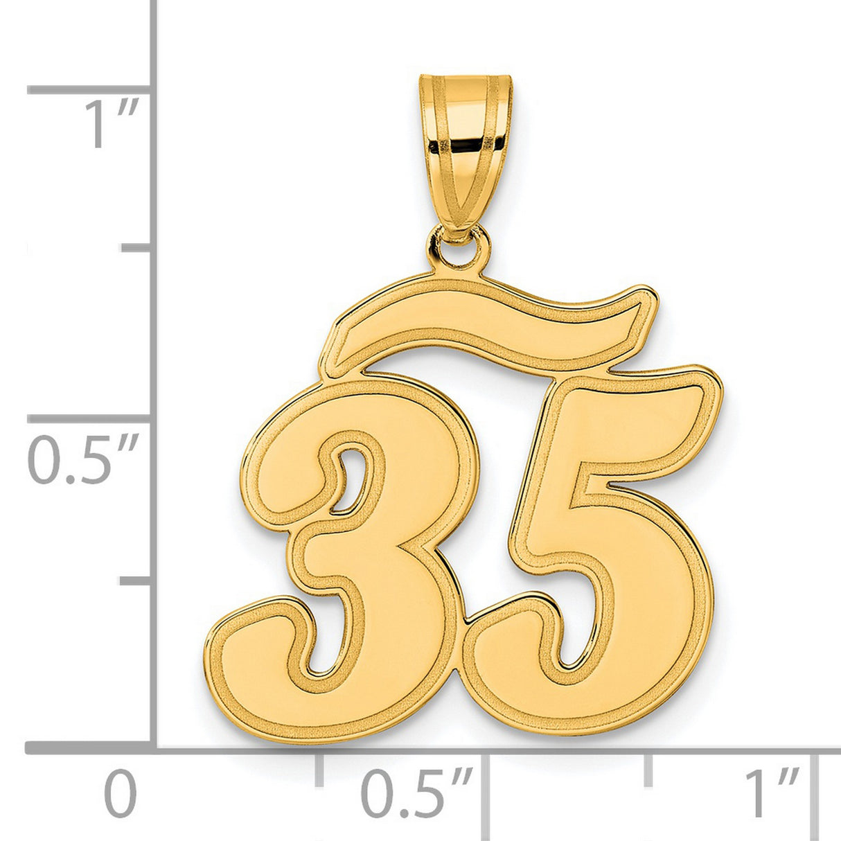 Brushed Border Script Number 35 Charm Pendant in Real 14k Yellow Gold