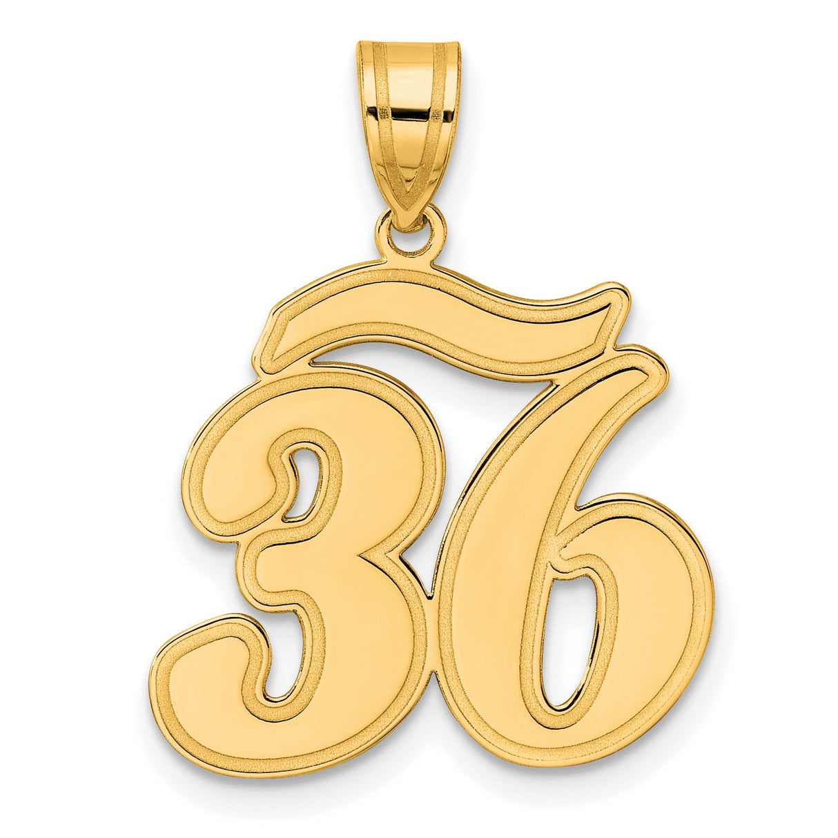Brushed Border Script Number 36 Charm Pendant in Real 14k Yellow Gold