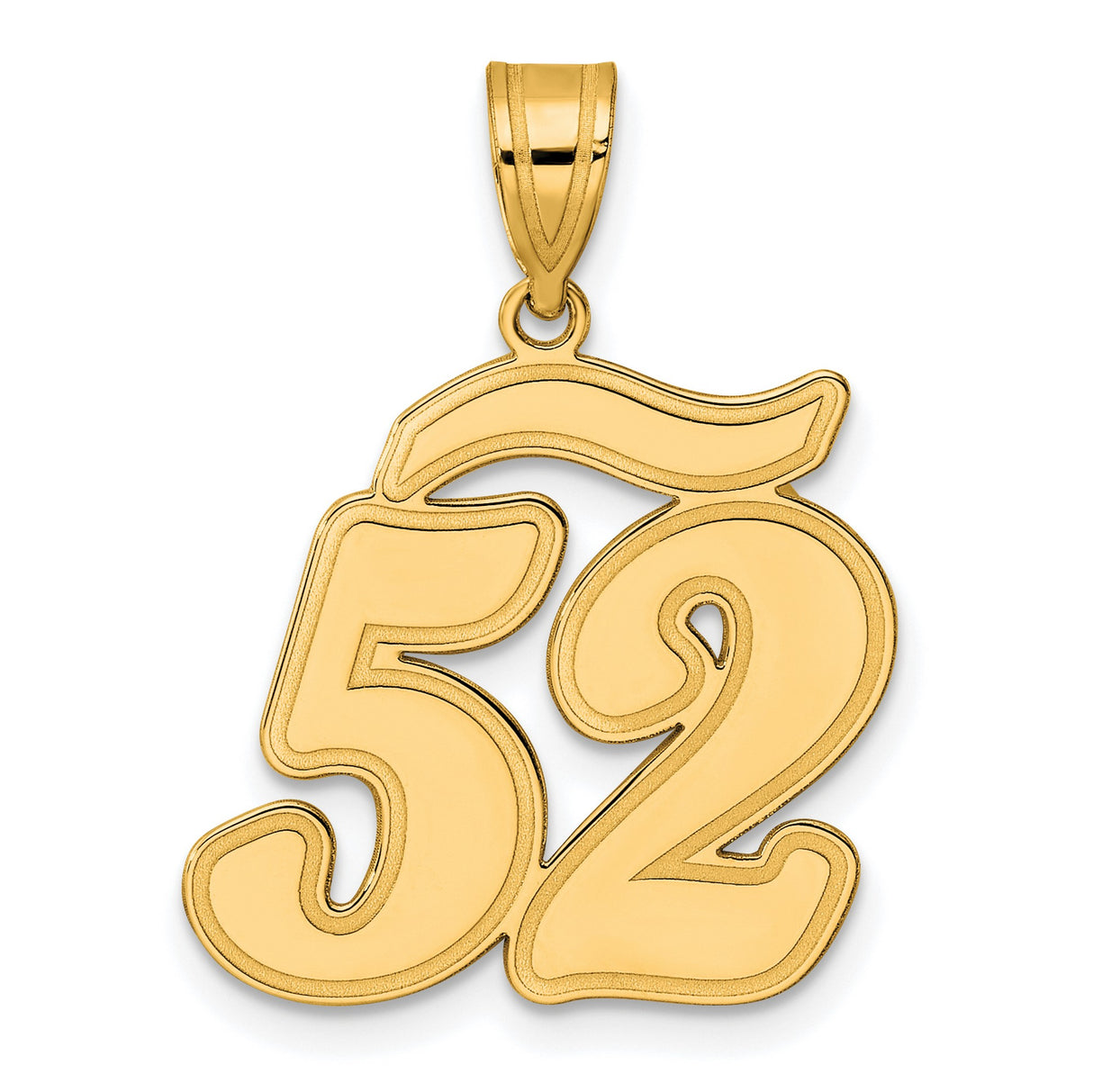 Brushed Border Script Number 52 Charm Pendant in Real 14k Yellow Gold