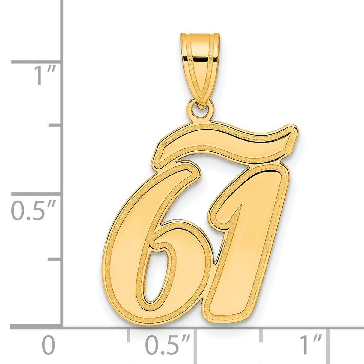 Brushed Border Script Number 61 Charm Pendant in Real 14k Yellow Gold