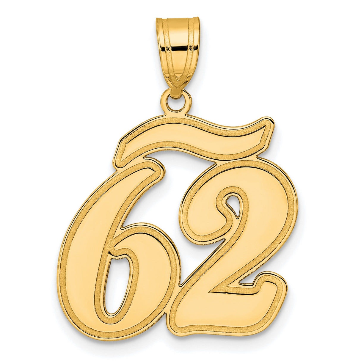 Brushed Border Script Number 62 Charm Pendant in Real 14k Yellow Gold
