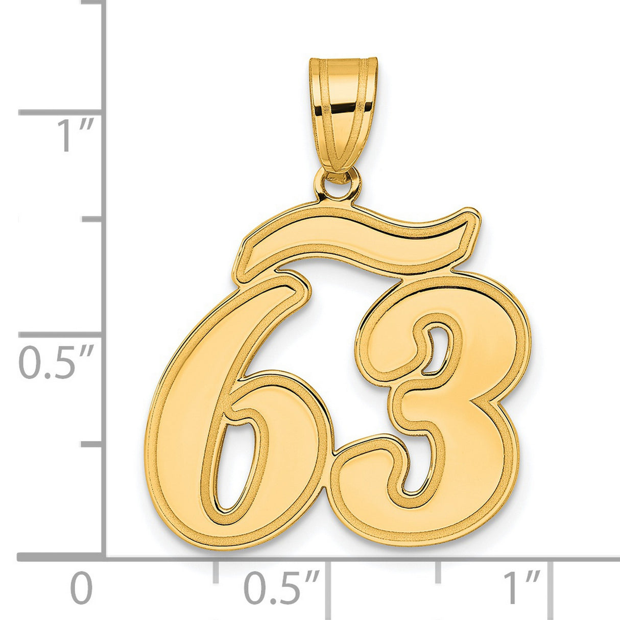Brushed Border Script Number 63 Charm Pendant in Real 14k Yellow Gold