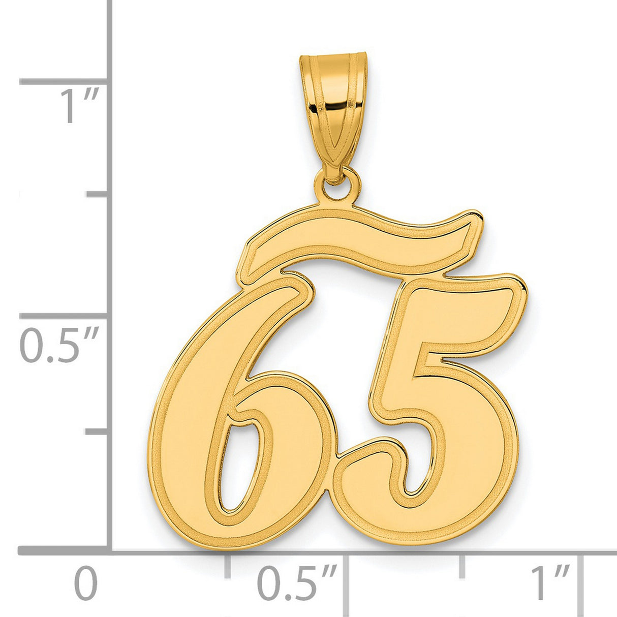 Brushed Border Script Number 65 Charm Pendant in Real 14k Yellow Gold