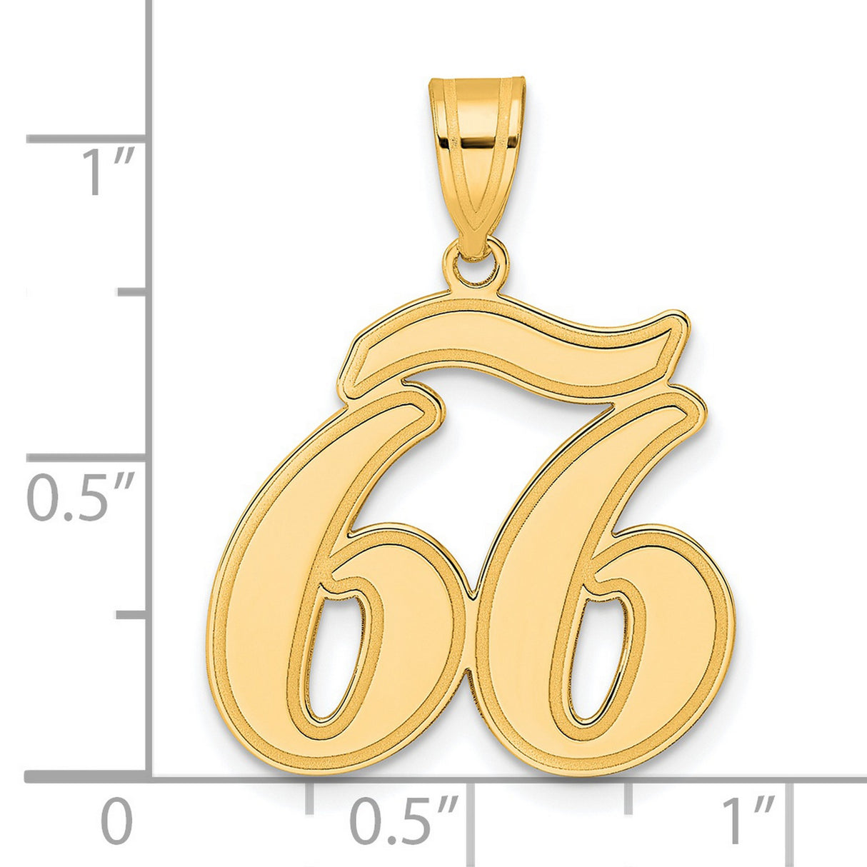 Brushed Border Script Number 66 Charm Pendant in Real 14k Yellow Gold