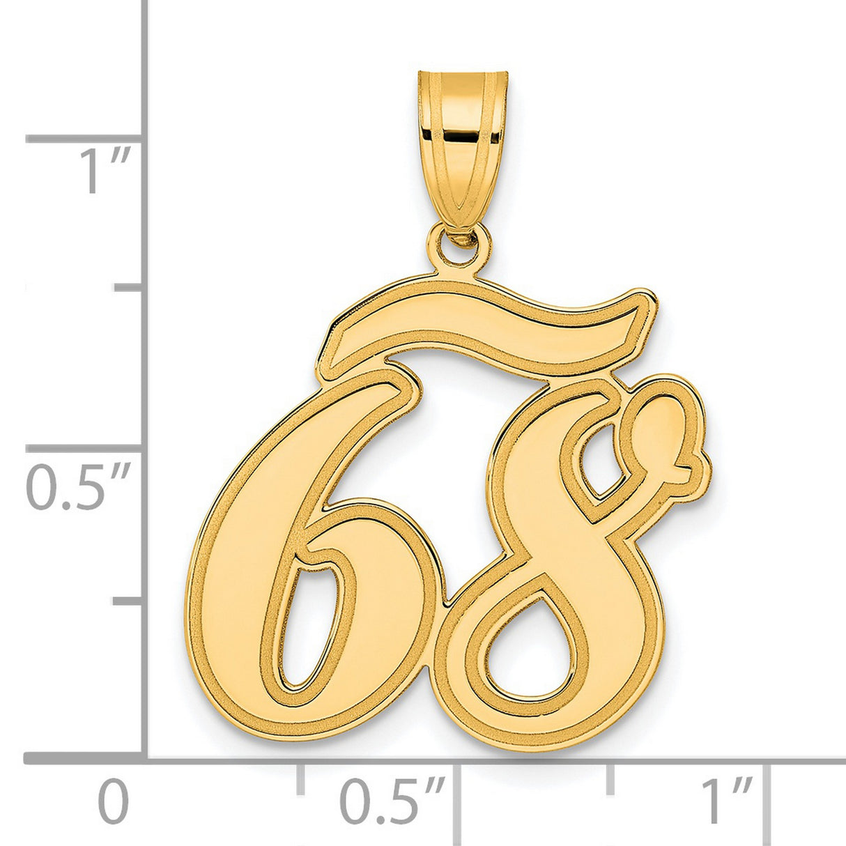 Brushed Border Script Number 68 Charm Pendant in Real 14k Yellow Gold