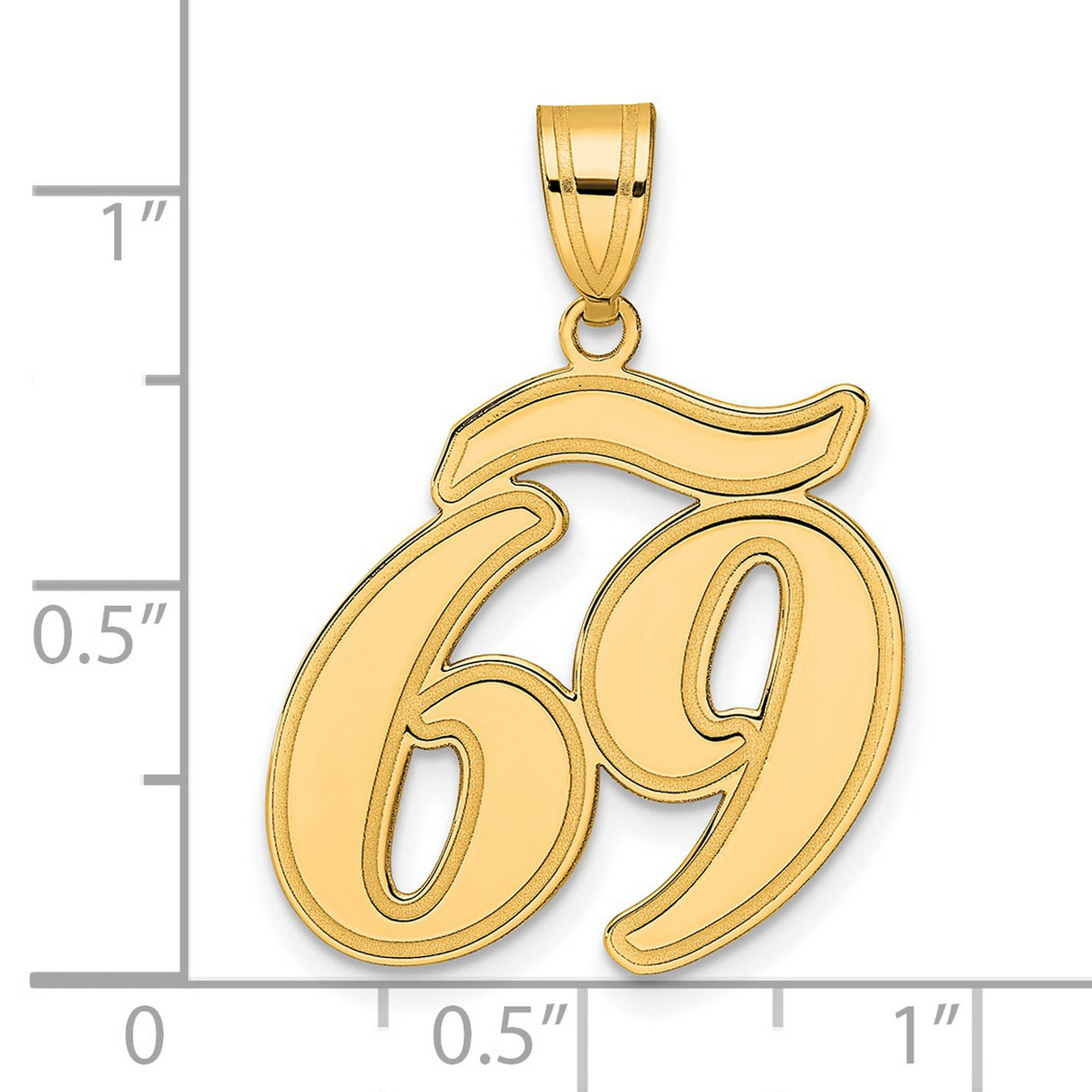 Brushed Border Script Number 69 Charm Pendant in Real 14k Yellow Gold