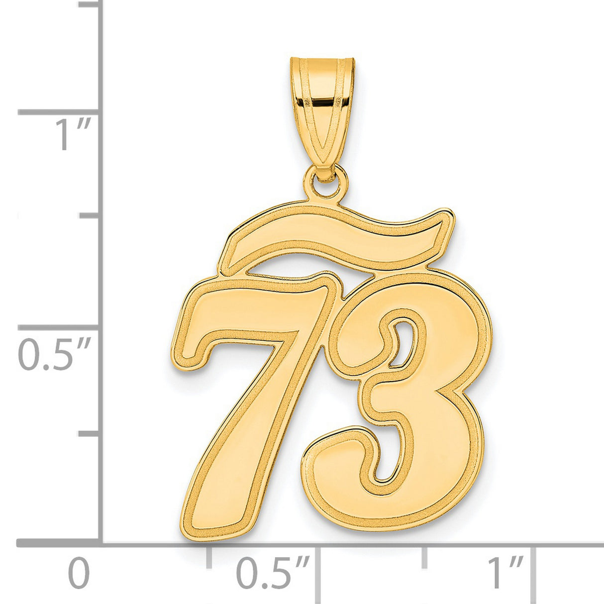 Brushed Border Script Number 73 Charm Pendant in Real 14k Yellow Gold