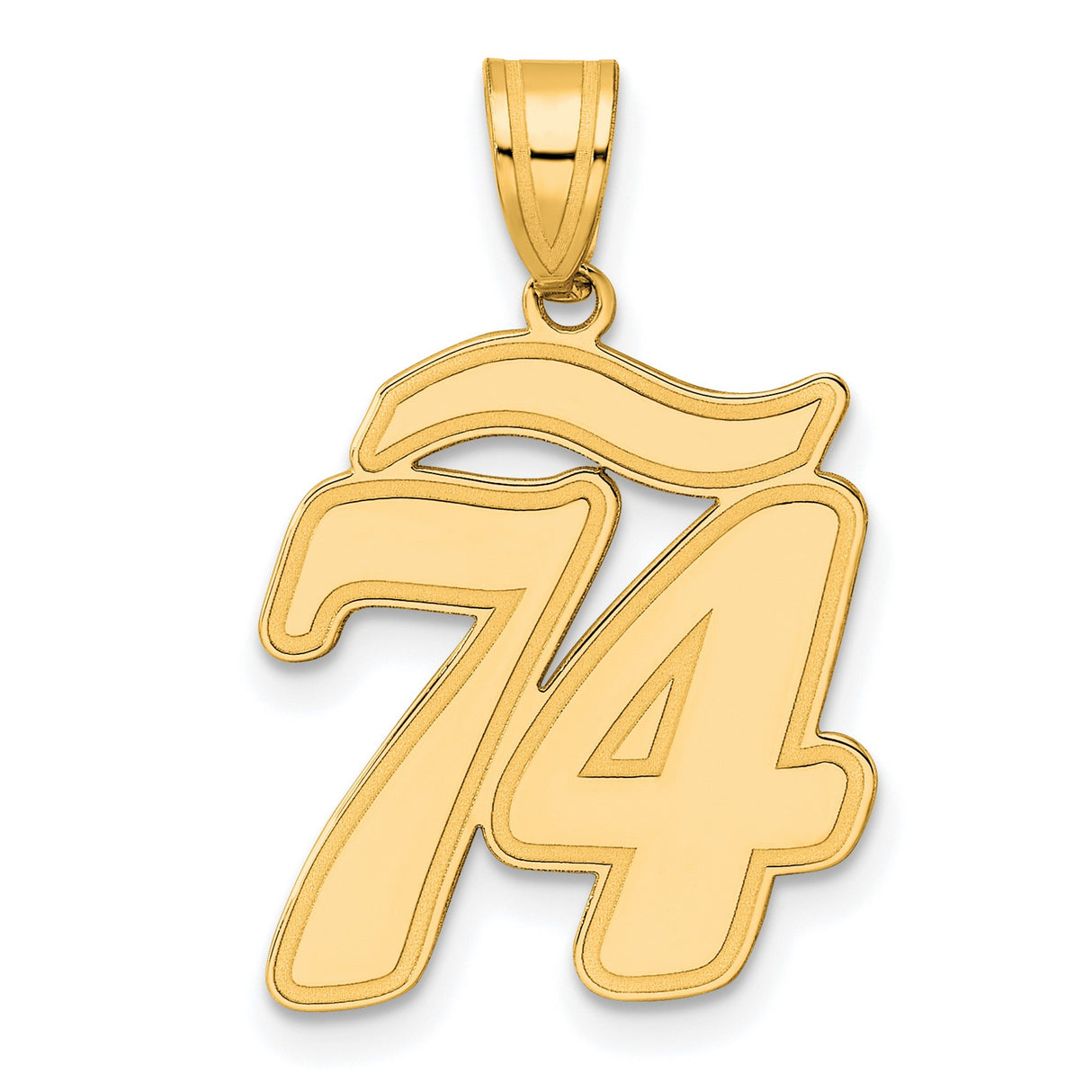 Brushed Border Script Number 74 Charm Pendant in Real 14k Yellow Gold