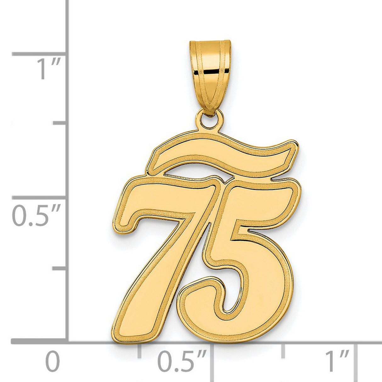 Brushed Border Script Number 75 Charm Pendant in Real 14k Yellow Gold