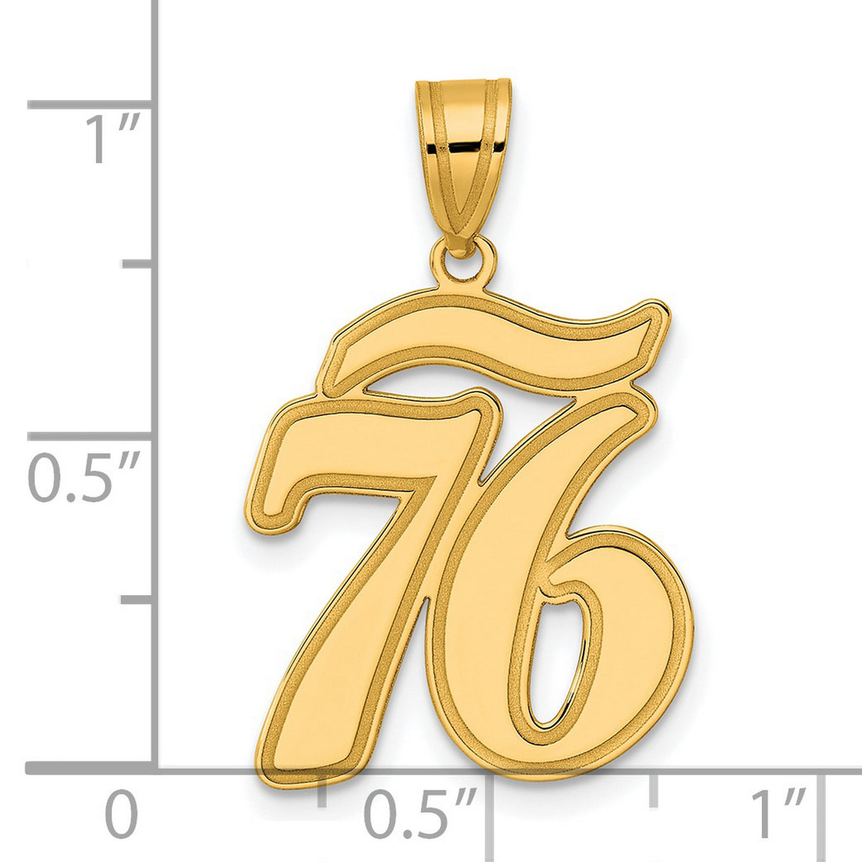 Brushed Border Script Number 76 Charm Pendant in Real 14k Yellow Gold