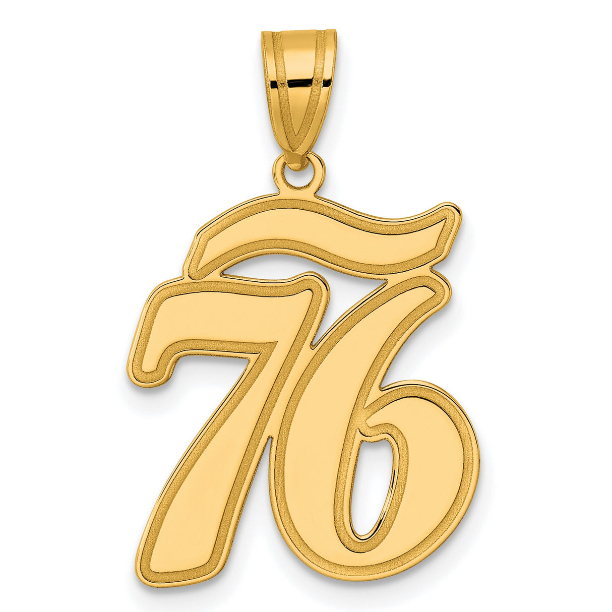 Brushed Border Script Number 76 Charm Pendant in Real 14k Yellow Gold