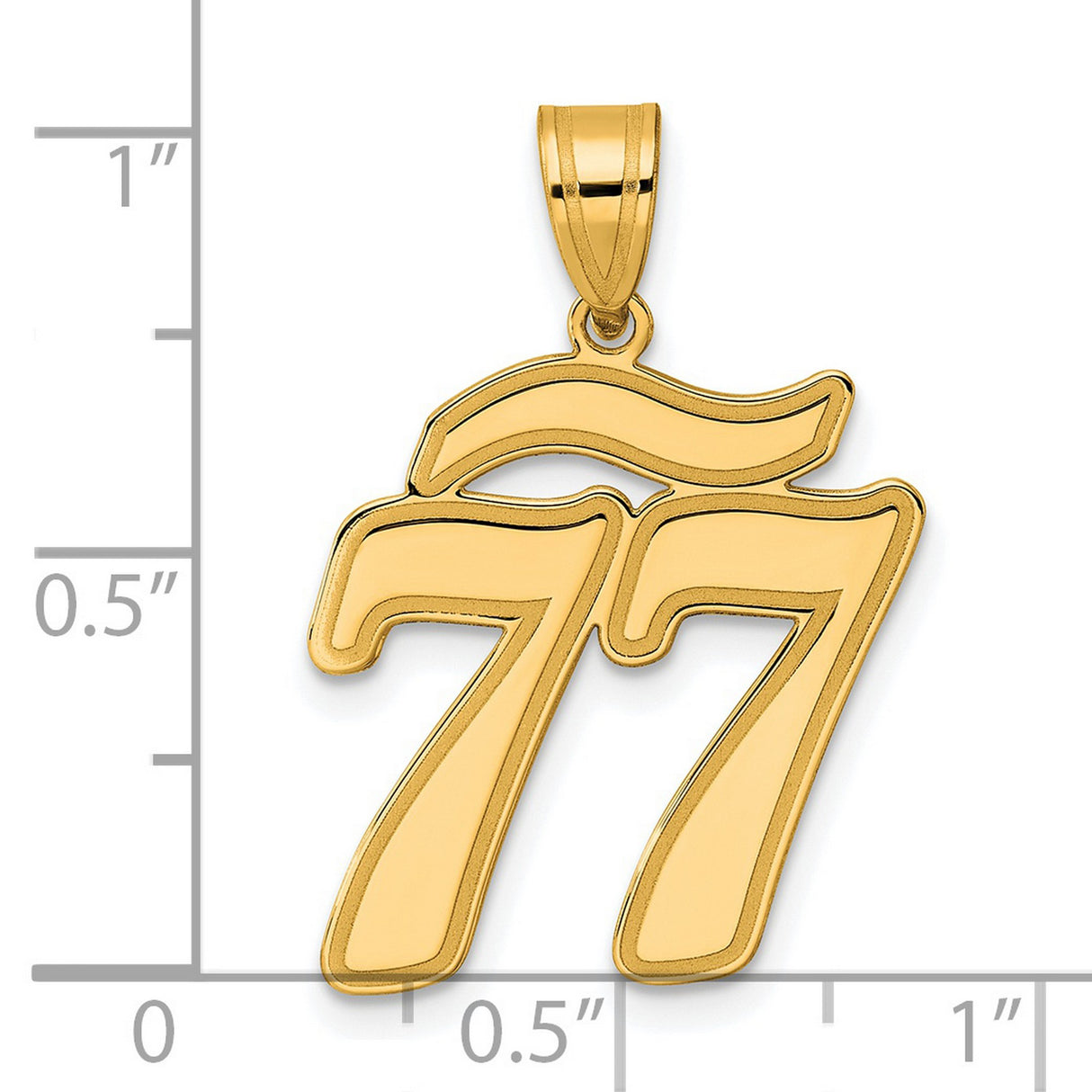 Brushed Border Script Number 77 Charm Pendant in Real 14k Yellow Gold