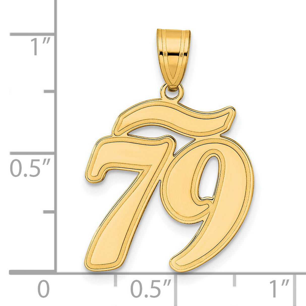 Brushed Border Script Number 79 Charm Pendant in Real 14k Yellow Gold